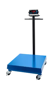 MVP Portable Floor Scale, blue square base with wheels, black pole with small screen on top